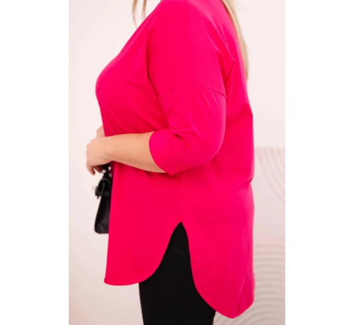 Dámská bavlněná blůza Plus Size s výstřihem do V a ohrnutým rukávem fuchsie Dámská bavlněná blůza Plus Size s výstřihem do V a ohrnutým rukávem fuchsie