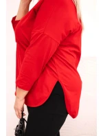 Dámská bavlněná blůza Plus Size s výstřihem do V a ohrnutým rukávem červená Dámská bavlněná blůza Plus Size s výstřihem do V a ohrnutým rukávem červená