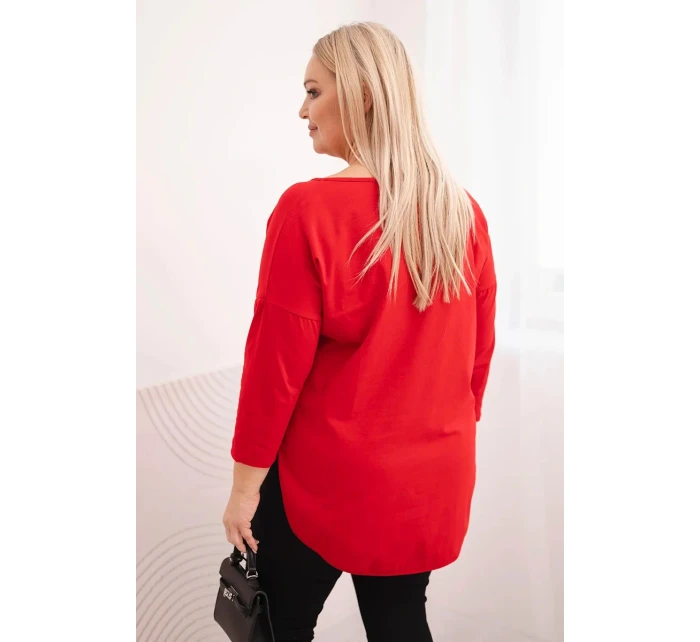 Dámská bavlněná blůza Plus Size s výstřihem do V a ohrnutým rukávem červená Dámská bavlněná blůza Plus Size s výstřihem do V a ohrnutým rukávem červená