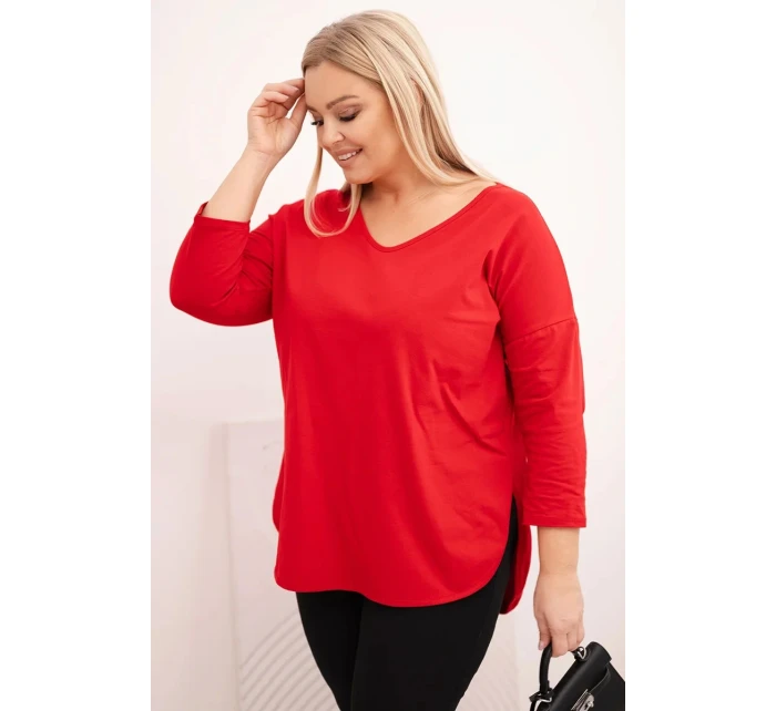 Dámská bavlněná blůza Plus Size s výstřihem do V a ohrnutým rukávem červená Dámská bavlněná blůza Plus Size s výstřihem do V a ohrnutým rukávem červená