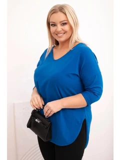 Dámská bavlněná blůza Plus Size s V výstřihem a ohrnutým rukávem chabrová