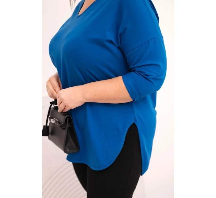 Dámská bavlněná blůza Plus Size s V výstřihem a ohrnutým rukávem chabrová Dámská bavlněná blůza Plus Size s V výstřihem a ohrnutým rukávem chabrová