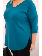 Dámská bavlněná košile Plus Size s výstřihem do V a ohrnutými rukávy mořská Dámská bavlněná košile Plus Size s výstřihem do V a ohrnutými rukávy mořská