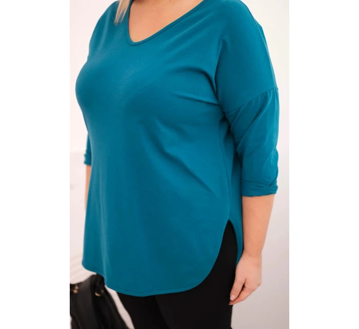 Dámská bavlněná košile Plus Size s výstřihem do V a ohrnutými rukávy mořská Dámská bavlněná košile Plus Size s výstřihem do V a ohrnutými rukávy mořská