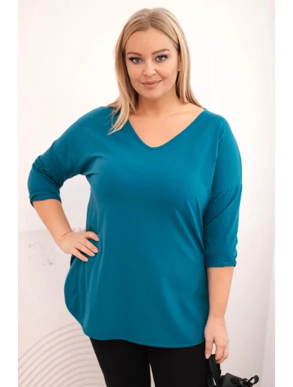 Dámská bavlněná košile Plus Size s výstřihem do V a ohrnutými rukávy mořská Dámská bavlněná košile Plus Size s výstřihem do V a ohrnutými rukávy mořská