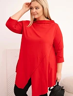 Dámská bavlněná blůza Plus Size asymetrická s ohrnutým rukávem červená