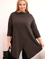 Dámská bavlněná blůza Plus Size asymetrická s ohrnutým rukávem hnědá