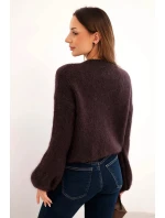 Dámský svetr s mohérem na knoflíky s nafouknutým rukávem hnědý Dámský svetr s mohérem na knoflíky s nafouknutým rukávem hnědý