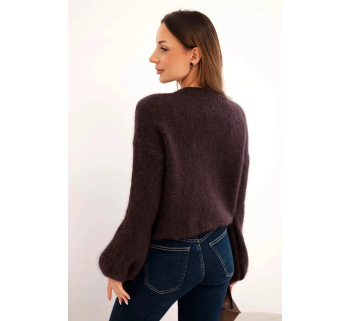Dámský svetr s mohérem na knoflíky s nafouknutým rukávem hnědý Dámský svetr s mohérem na knoflíky s nafouknutým rukávem hnědý