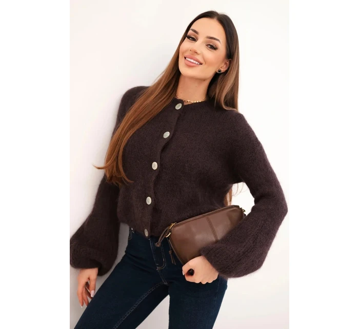 Dámský svetr s mohérem na knoflíky s nafouknutým rukávem hnědý Dámský svetr s mohérem na knoflíky s nafouknutým rukávem hnědý