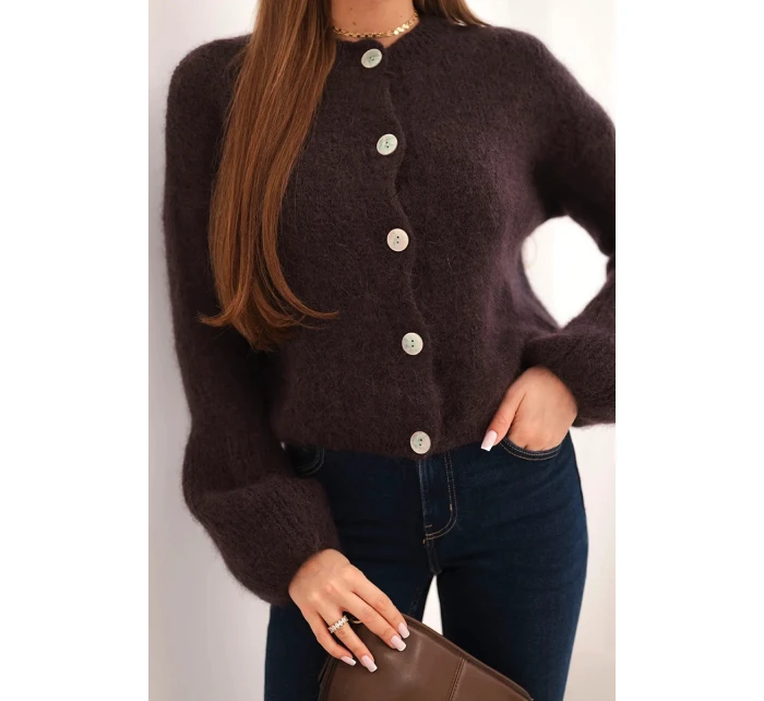 Dámský svetr s mohérem na knoflíky s nafouknutým rukávem hnědý Dámský svetr s mohérem na knoflíky s nafouknutým rukávem hnědý