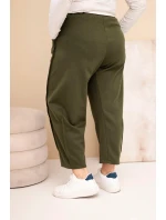 Dámské bavlněné kalhoty Plus Size volného střihu s vysokým pasem khaki Dámské bavlněné kalhoty Plus Size volného střihu s vysokým pasem khaki
