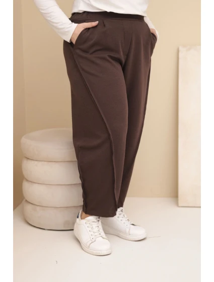 Dámské kalhoty z bavlny Plus Size volného střihu s vysokým pasem hnědé Dámské kalhoty z bavlny Plus Size volného střihu s vysokým pasem hnědé