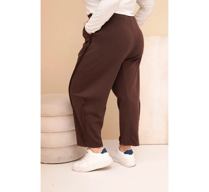 Dámské kalhoty z bavlny Plus Size volného střihu s vysokým pasem hnědé Dámské kalhoty z bavlny Plus Size volného střihu s vysokým pasem hnědé