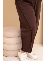 Dámské kalhoty z bavlny Plus Size volného střihu s vysokým pasem hnědé Dámské kalhoty z bavlny Plus Size volného střihu s vysokým pasem hnědé