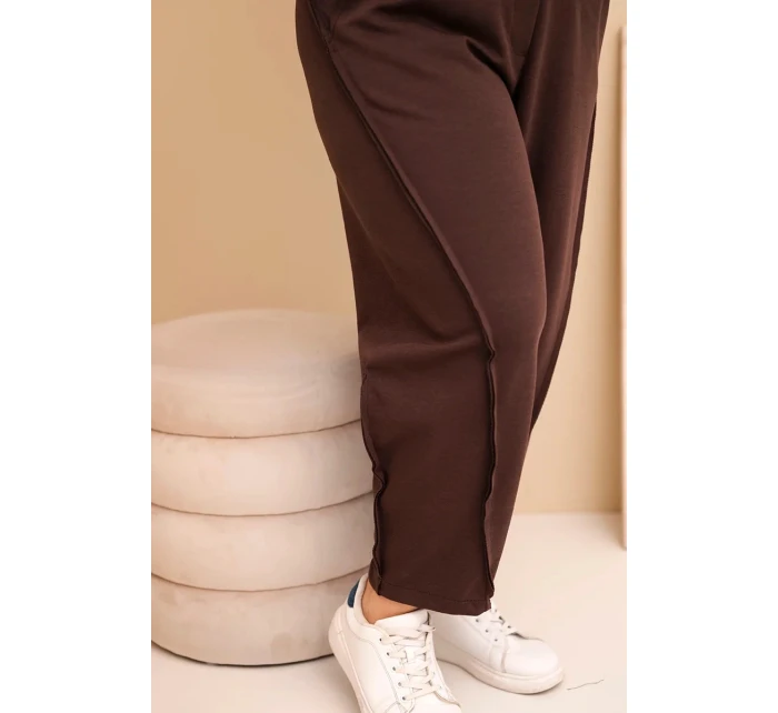 Dámské kalhoty z bavlny Plus Size volného střihu s vysokým pasem hnědé Dámské kalhoty z bavlny Plus Size volného střihu s vysokým pasem hnědé