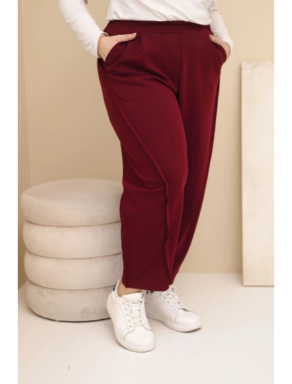 Dámské bavlněné kalhoty Plus Size volného střihu s vysokým pasem bordové Dámské bavlněné kalhoty Plus Size volného střihu s vysokým pasem bordové