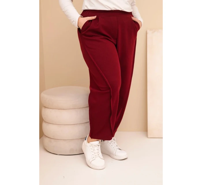 Dámské bavlněné kalhoty Plus Size volného střihu s vysokým pasem bordové Dámské bavlněné kalhoty Plus Size volného střihu s vysokým pasem bordové