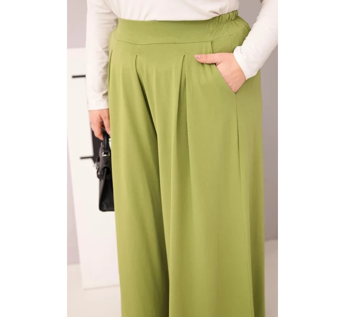 Dámské bavlněné kalhoty Plus Size s širokým střihem a volným střihem pistáciové Dámské bavlněné kalhoty Plus Size s širokým střihem a volným střihem pistáciové