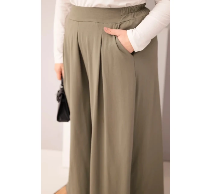 Dámské bavlněné kalhoty Plus Size s širokými nohavicemi a volným střihem khaki Dámské bavlněné kalhoty Plus Size s širokými nohavicemi a volným střihem khaki