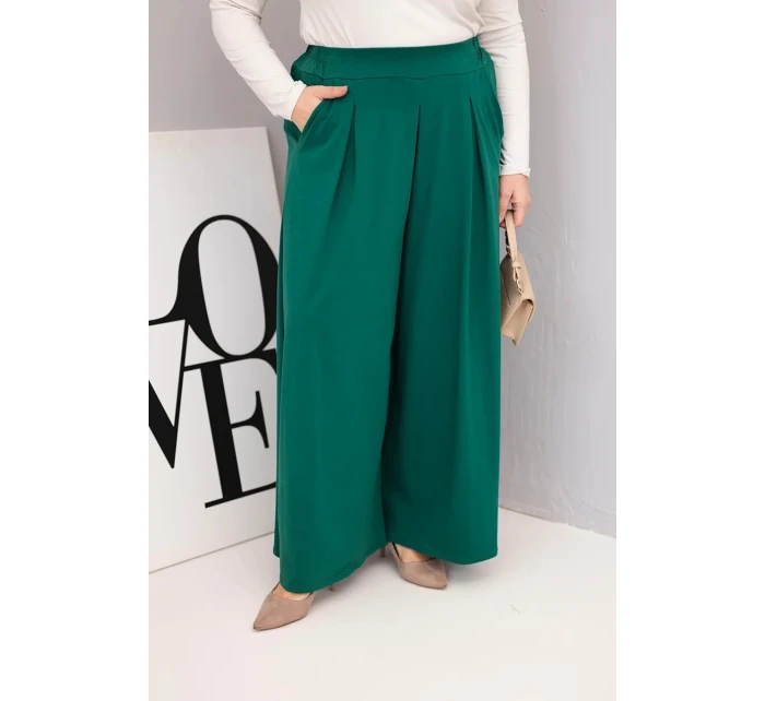 Dámské bavlněné kalhoty Plus Size s širokými nohavicemi a volným střihem tmavě zelené Dámské bavlněné kalhoty Plus Size s širokými nohavicemi a volným střihem tmavě zelené