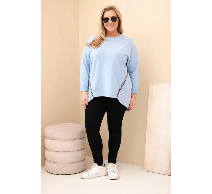 Dámská košile Plus Size bavlněná s ohrnovaným rukávem a leopardím pruhem modrá Dámská košile Plus Size bavlněná s ohrnovaným rukávem a leopardím pruhem modrá