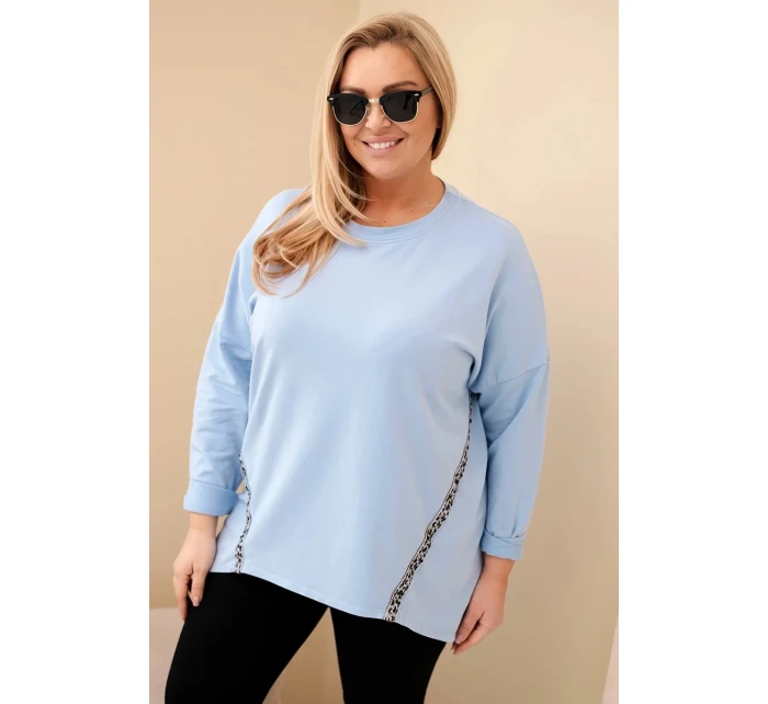 Dámská košile Plus Size bavlněná s ohrnovaným rukávem a leopardím pruhem modrá Dámská košile Plus Size bavlněná s ohrnovaným rukávem a leopardím pruhem modrá