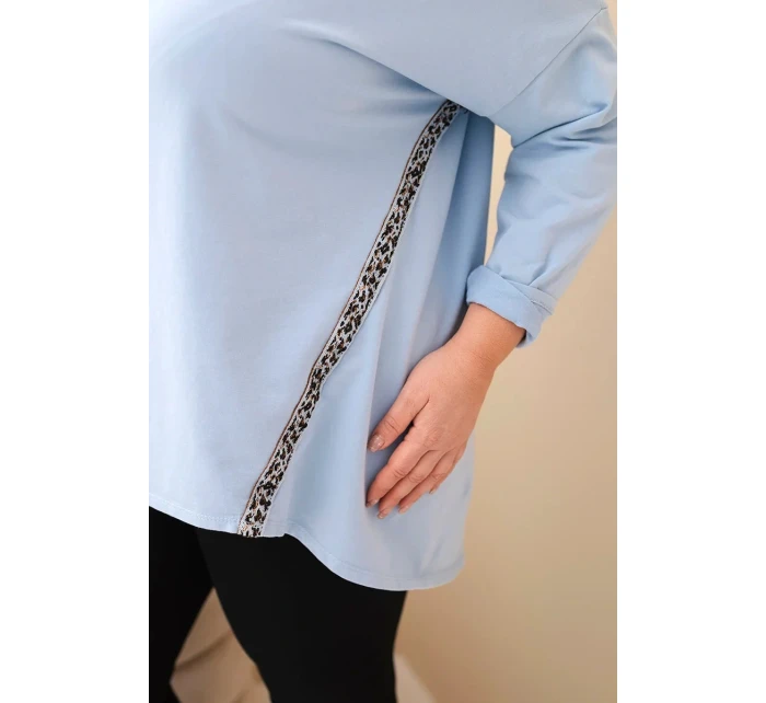 Dámská košile Plus Size bavlněná s ohrnovaným rukávem a leopardím pruhem modrá Dámská košile Plus Size bavlněná s ohrnovaným rukávem a leopardím pruhem modrá