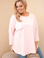 Dámská blůza Plus Size s bavlnou, kapsou a ohrnutým rukávem pudrově růžová