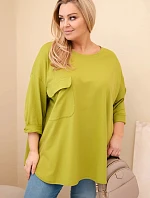 Dámská blůza Plus Size s bavlnou, kapsou a ohrnutým rukávem olivová