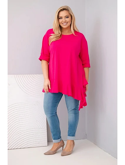 Dámská blůza Plus Size s bavlnou a volánem a ohrnovacími rukávy fuchsie