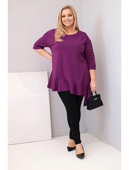 Dámská blůza Plus Size s bavlnou a volánem a ohrnovacími rukávy tmavě fialová