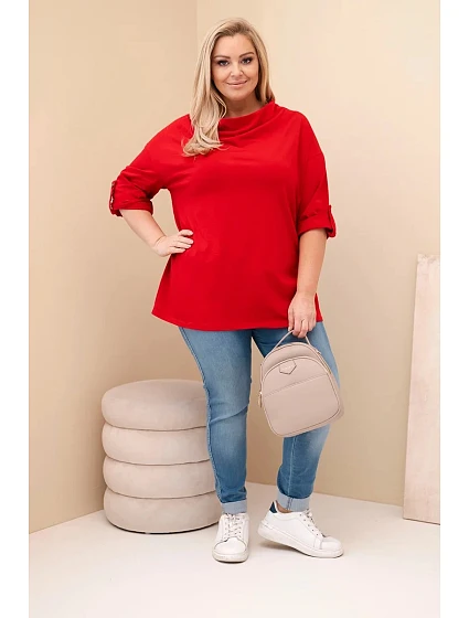 Dámská blůza Plus Size s bavlnou volného střihu s vodním výstřihem červená