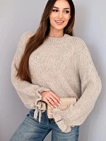 Svetr dámský s přídavkem mohéru s hrubým pletením a ozdobnými rukávy tmavě béžový