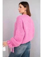 Dámský svetr s přídavkem mohéru s model 21857675 pletením a ozdobnými rukávy růžový - K-Fashion