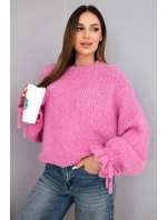 Dámský svetr s přídavkem mohéru s model 21857675 pletením a ozdobnými rukávy růžový - K-Fashion