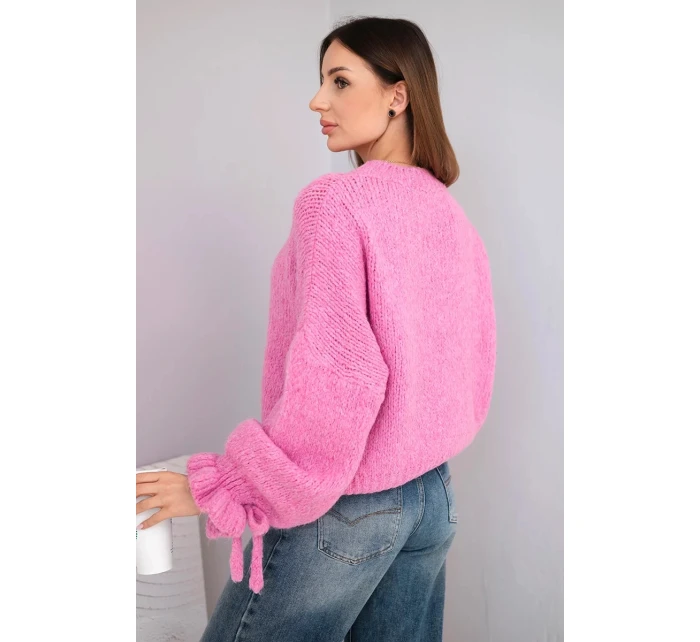Dámský svetr s přídavkem mohéru s model 21857675 pletením a ozdobnými rukávy růžový - K-Fashion Dámský svetr s přídavkem mohéru s model 21857675 pletením a ozdobnými rukávy růžový - K-Fashion