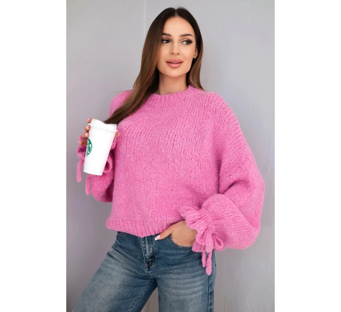 Dámský svetr s přídavkem mohéru s model 21857675 pletením a ozdobnými rukávy růžový - K-Fashion Dámský svetr s přídavkem mohéru s model 21857675 pletením a ozdobnými rukávy růžový - K-Fashion