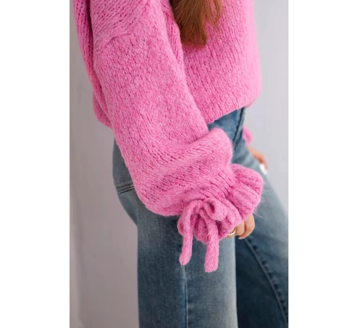 Dámský svetr s přídavkem mohéru s model 21857675 pletením a ozdobnými rukávy růžový - K-Fashion Dámský svetr s přídavkem mohéru s model 21857675 pletením a ozdobnými rukávy růžový - K-Fashion