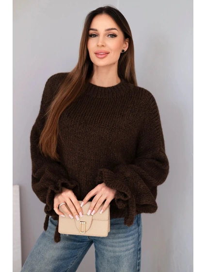 Dámský svetr s příměsí mohéru s model 21857681 pletením a ozdobnými rukávy hnědý - K-Fashion
