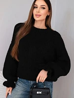 Dámský svetr s přídavkem mohairu s hrubým pletením a ozdobnými rukávy černý
