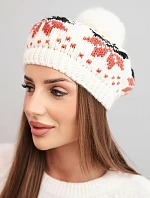 Dámská zimní čepice z vlny s motivem sněhových vloček a pomponem K457 ecru