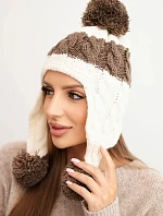 Dámská zimní čepice z vlny s bambulkami a ušnicemi K447 ecru + mocca