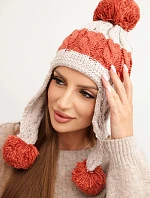 Dámská zimní čepice vlněná s bambulkami a ušima K447 béžová + hnědá