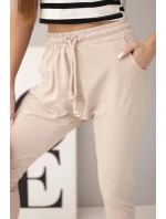 Dámské bavlněné cargo kalhoty s kapsami a řetízkem béžové
