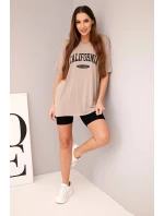 Dámská bavlněná souprava s tričkem a legínami s lampasem béžová