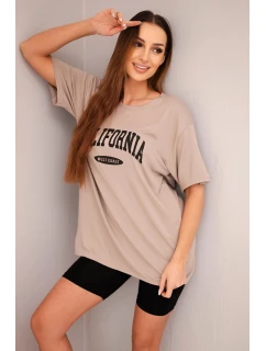 Dámská bavlněná souprava s tričkem a legínami s lampasem béžová