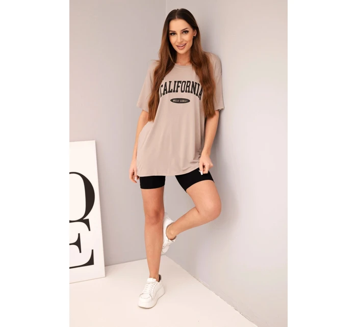 Dámská bavlněná souprava s tričkem a legínami s lampasem béžová Dámská bavlněná souprava s tričkem a legínami s lampasem béžová