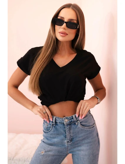 Dámská bavlněná blůza s V výstřihem a krátkým rukávem černá Dámská bavlněná blůza s V výstřihem a krátkým rukávem černá