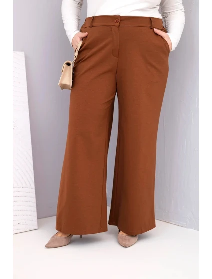 Dámské kalhoty Plus Size s širokou nohavicí a vysokým pasem tmavě camelové Dámské kalhoty Plus Size s širokou nohavicí a vysokým pasem tmavě camelové